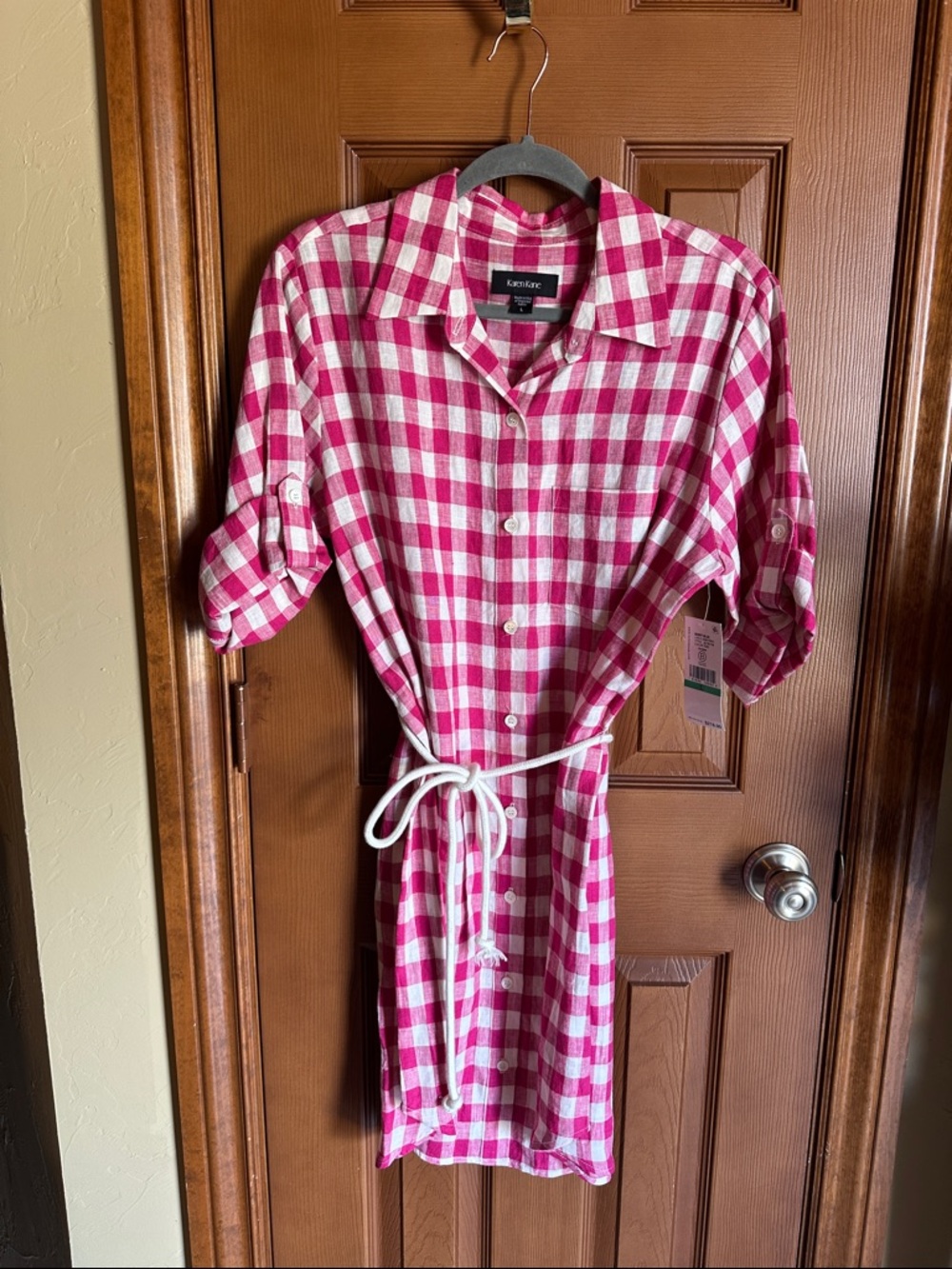 NWT Karen Kane Fuchsia Pink and White Check 100% Linen Shirt Dress, size Large